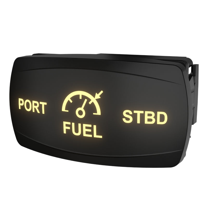 Angled front-side view of Carling illuminated fuel selector rocker showing PORT, fuel icon, STBD and rear clip.