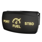 Angled front-side view of Carling illuminated fuel selector rocker showing PORT, fuel icon, STBD and rear clip.