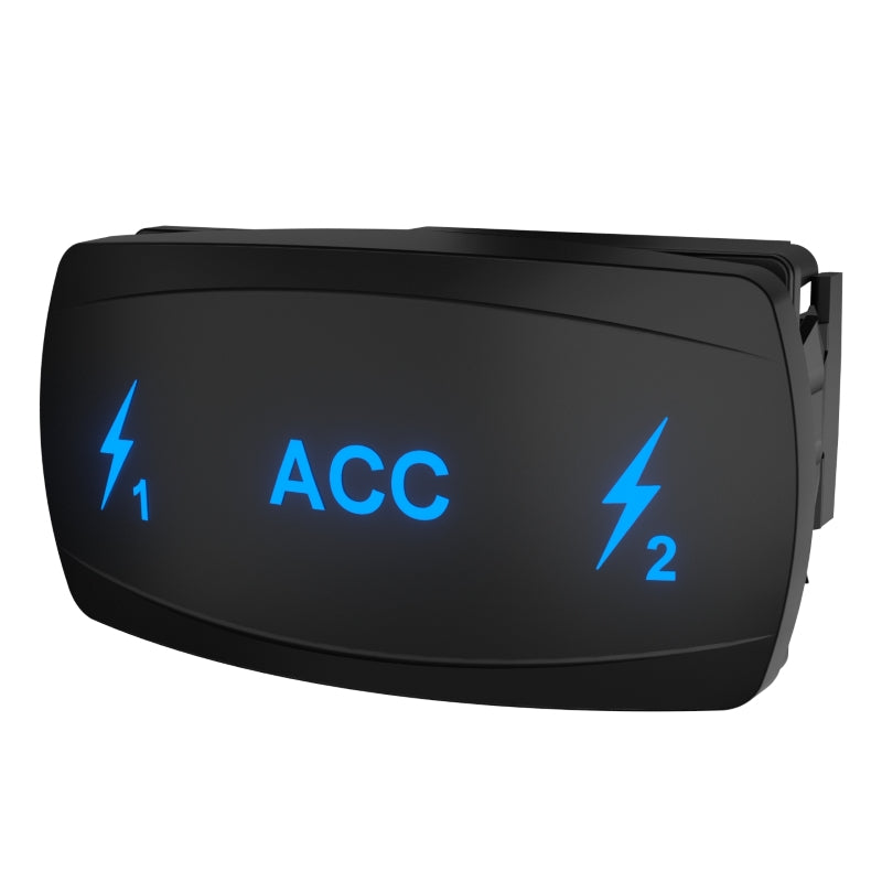 ACC 1/2 rocker switch angled front view with illuminated blue ACC and lightning icons, side mount clip visible