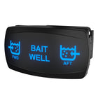 Angled front-right view of illuminated BAIT WELL rocker switch with FWD/AFT icons and mounting clip
