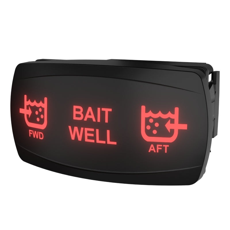 Carling Technologies bait well FWD/AFT rocker switch angled view showing red backlit icons and rear connector