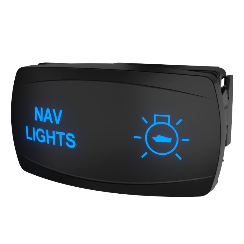 Carling Technologies illuminated Nav Lights rocker switch, angled front view showing blue legend and rear connector