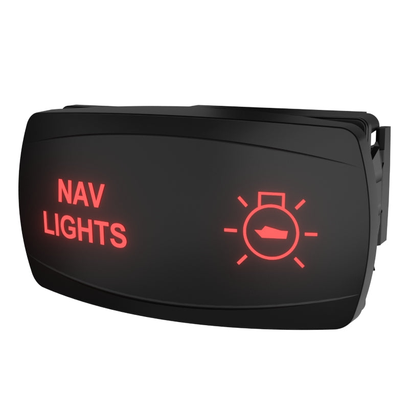Carling navigation lights rocker switch, angled front view with red 'NAV LIGHTS' label and boat icon