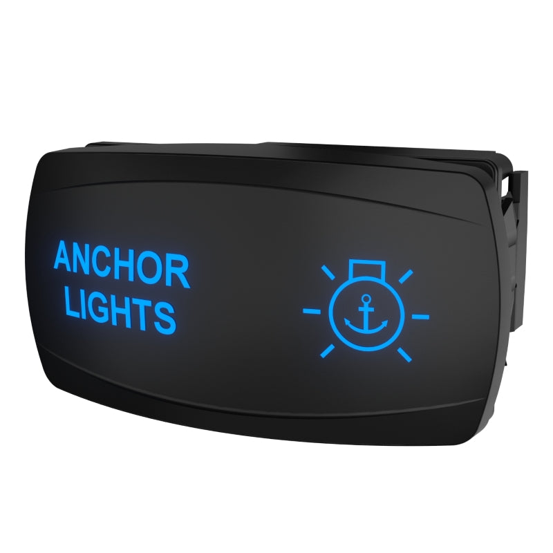 Angled front view of illuminated rocker switch labeled ANCHOR LIGHTS with right-side mounting connector.