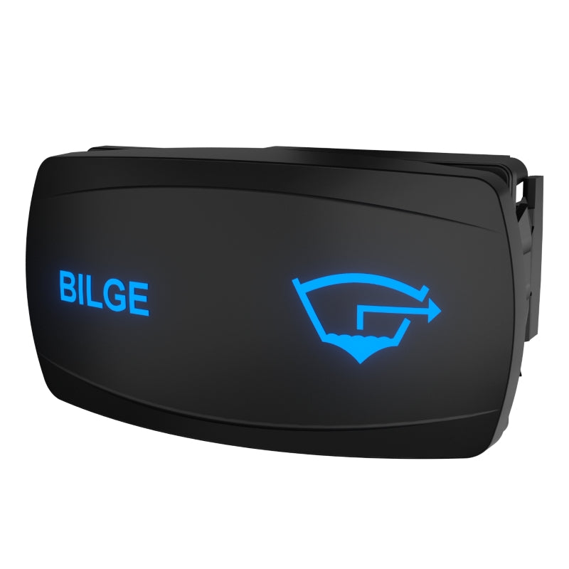 Front-right angle of illuminated bilge rocker switch showing blue BILGE text, icon and rear connector.