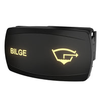 Carling bilge rocker switch, angled front-right view with illuminated BILGE legend and mounting clip