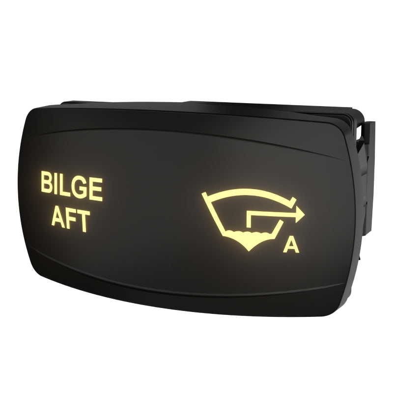 Bilge Aft illuminated rocker switch, angled front view showing backlit legend and right-side connector.