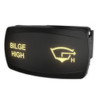 Bilge High rocker switch, angled front-side view showing illuminated BILGE HIGH text and water-level icon