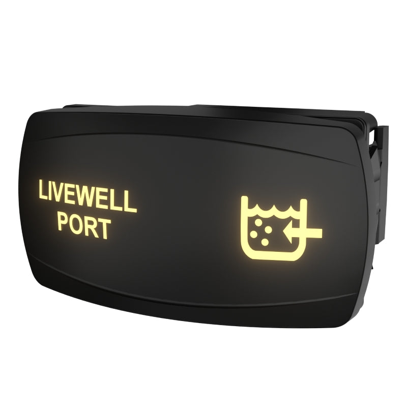 Carling Livewell Port illuminated rocker switch, angled front showing glowing legend and right-side connector