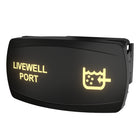 Carling Livewell Port illuminated rocker switch, angled front showing glowing legend and right-side connector
