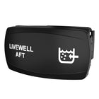 Front-angled view of Carling Technologies LIVEWELL AFT rocker switch showing printed label, icon, and mounting clip visible