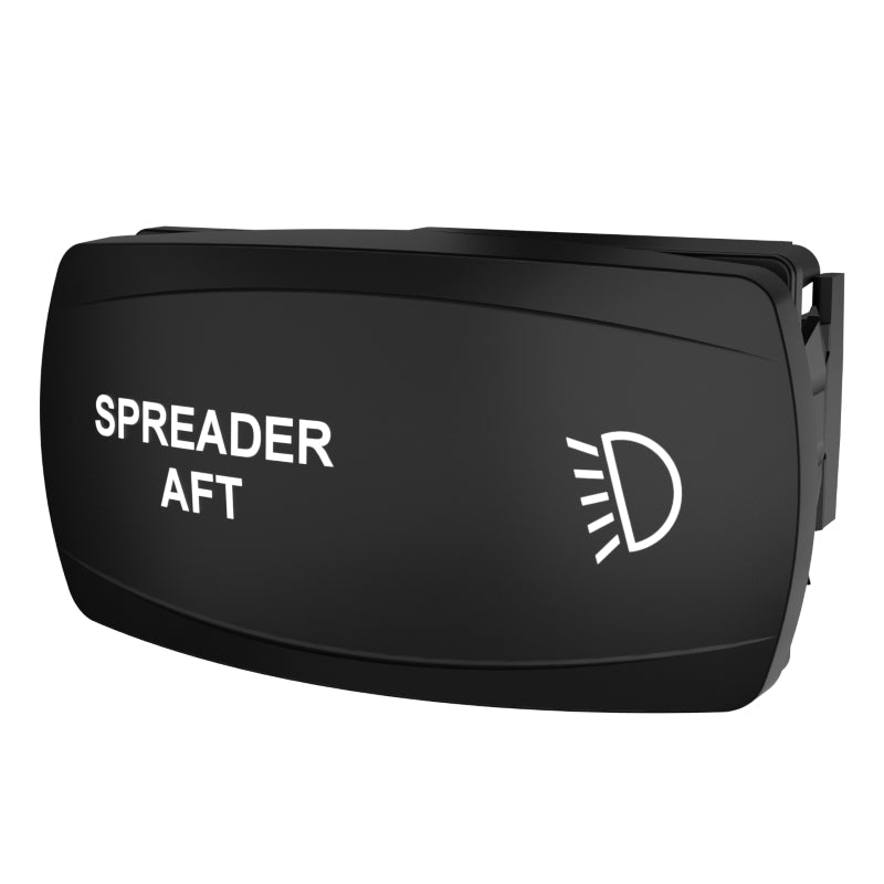 SPREADER AFT rocker switch, angled front-right view showing labeled face and rear snap-in connector.