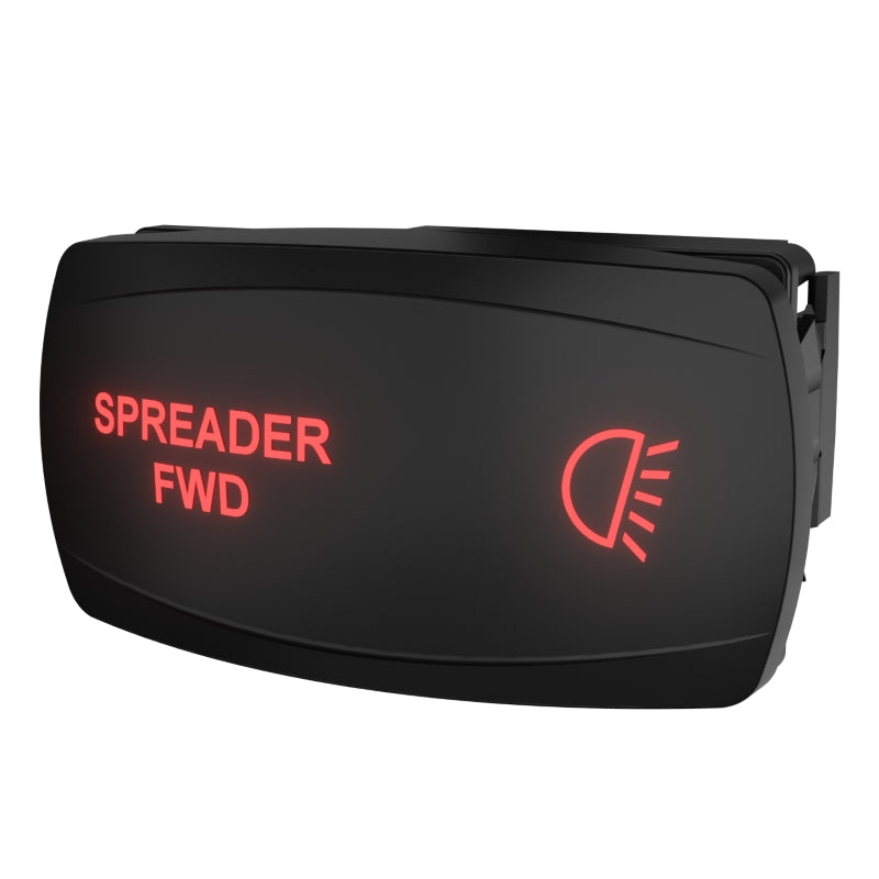 Angled front-right view of Carling rocker switch with red backlit "SPREADER FWD" label, light icon and side mounting clip.