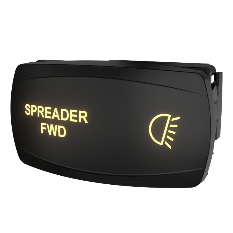 Angled right-side view showing backlit SPREADER FWD switch face and light icon with mounting clip.