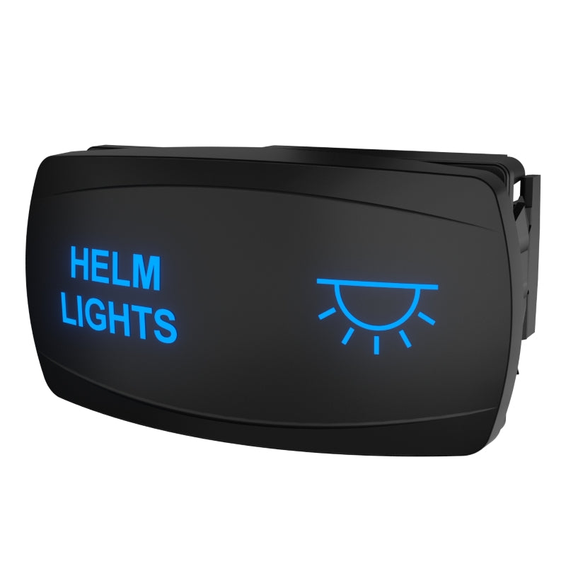 Angled view of HELM LIGHTS switch with blue backlit label and light icon, side mounting clip visible