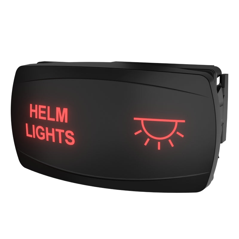 Angled side view of boat rocker switch labeled 'HELM LIGHTS' with red backlit icon and mounting clip visible