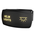 Carling Technologies rocker switch, angled front view showing illuminated legend and rear mounting clip.