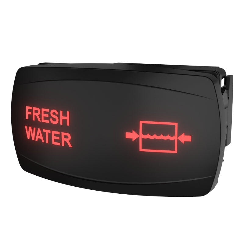 Angled view of illuminated FRESH WATER rocker switch showing red legend, tank icon and side connector