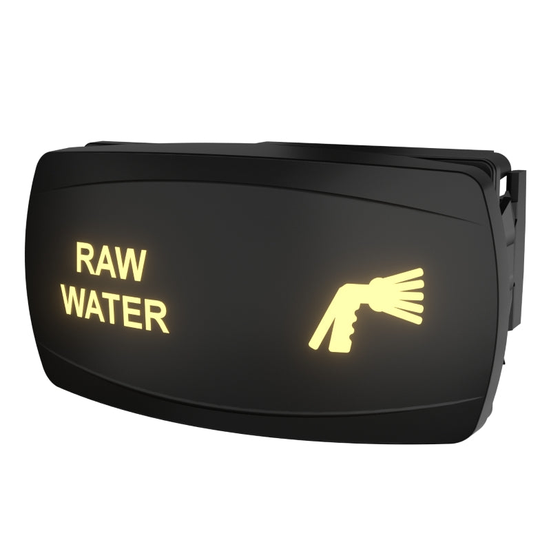 Angled rear-side view of Carling RAW WATER illuminated rocker switch, showing back connector and spray icon.