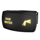 Angled rear-side view of Carling RAW WATER illuminated rocker switch, showing back connector and spray icon.