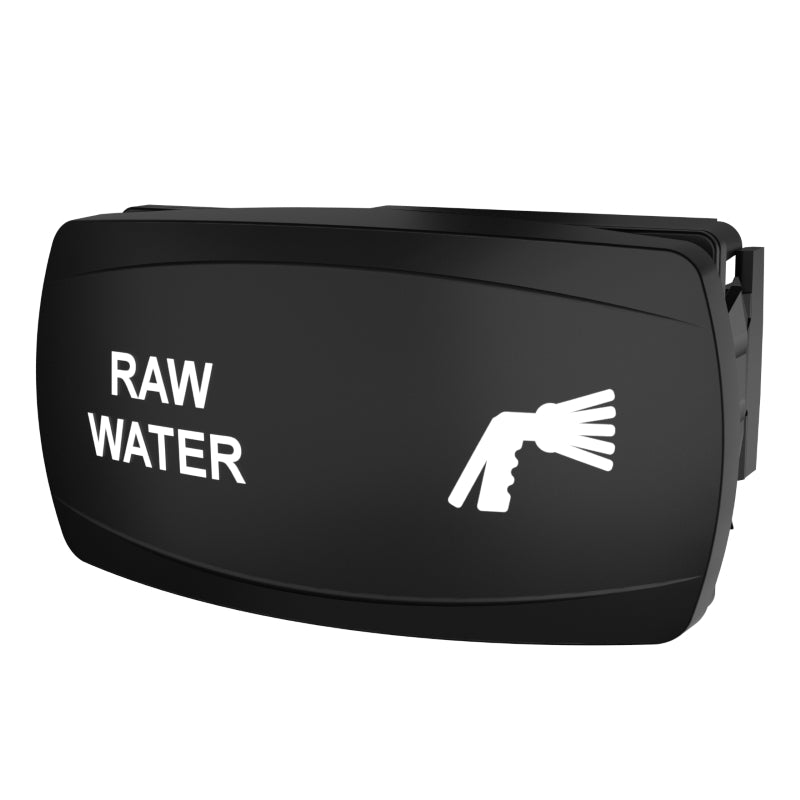Front-right angled view of RAW WATER rocker switch cap showing white text, spray icon and side mounting clip