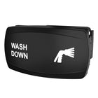 Angled front-right view of black rocker switch labeled WASH DOWN with spray-gun icon, showing side clip.