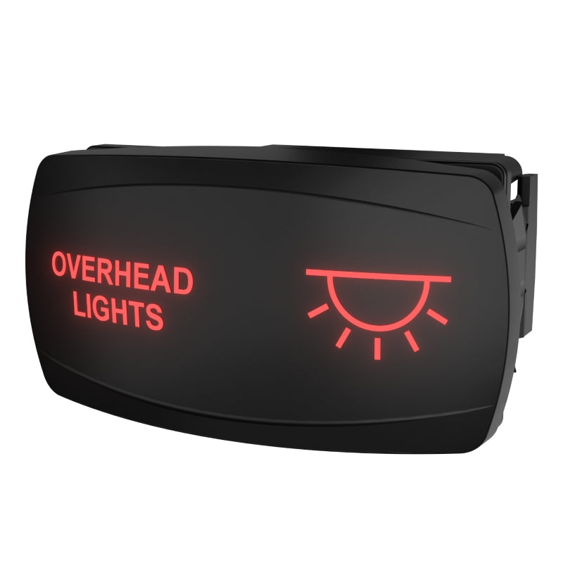 Illuminated rocker switch, angled view showing red backlit OVERHEAD LIGHTS label, icon and rear connector