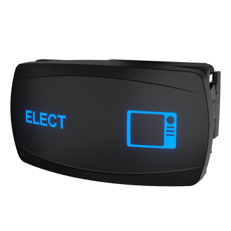 Angled front view of illuminated Carling rocker switch labeled 'ELECT' showing side mounting housing