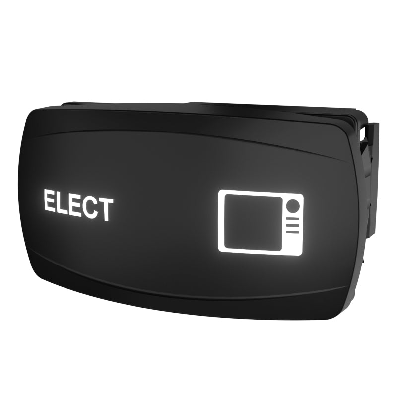 Carling rocker switch, angled front-right view with illuminated ELECT legend, monitor icon and rear connector