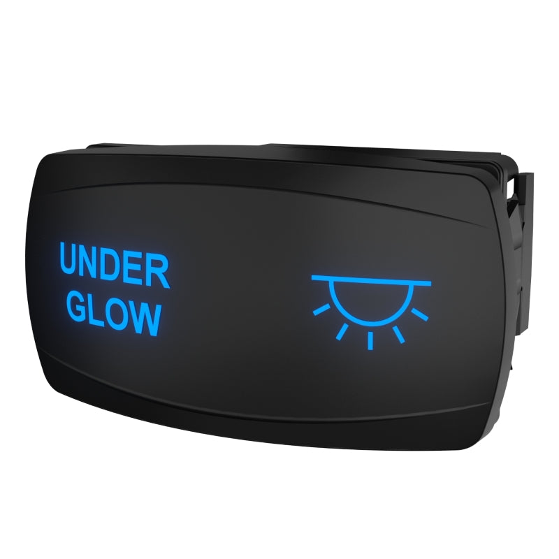 Angled front view of underglow rocker switch with blue backlit 'UNDER GLOW' text and visible connector housing