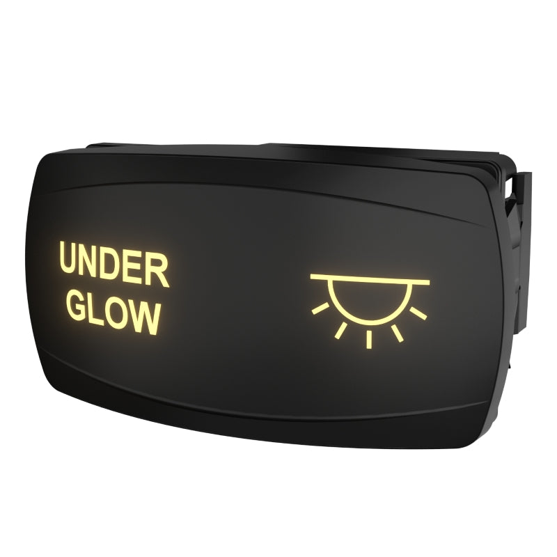 Angled front view of underglow rocker switch with illuminated UNDER GLOW label and light icon; rear connector visible