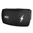 ACC illuminated rocker switch, front-right angle showing mounting clip and backlit ACC and lightning icon