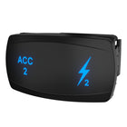 Angled front view of ACC 2 rocker switch showing blue backlit ACC 2 text and lightning bolt icon