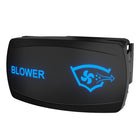 Angled front view showing illuminated rocker switch face with blue 'BLOWER' text, fan icon and mounting clip.