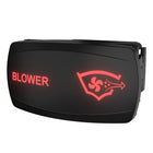 Angled front view of blower rocker switch with illuminated red 'BLOWER' label, fan icon and mounting housing.