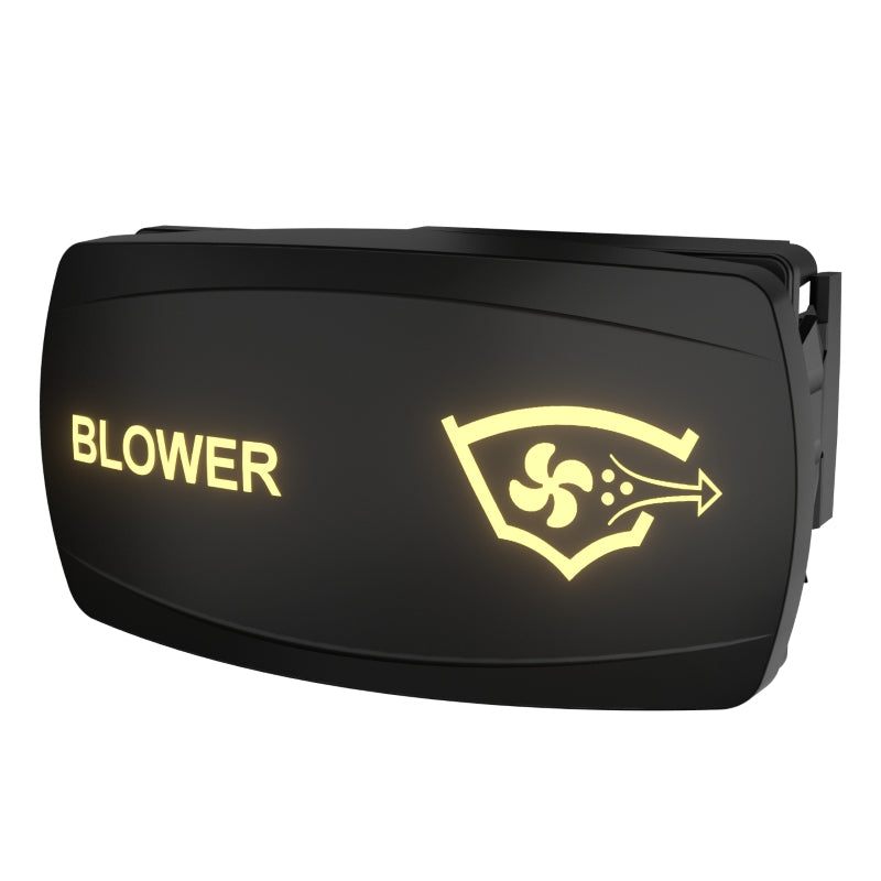 Angled front-right view of Carling blower switch, illuminated BLOWER label and fan icon, connector visible.