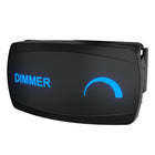 Angled front view showing dimmer's blue backlit label and semicircular level indicator with side mounting clip