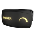 Angled front view of Carling dimmer switch with illuminated label and glowing semicircle, side bracket visible
