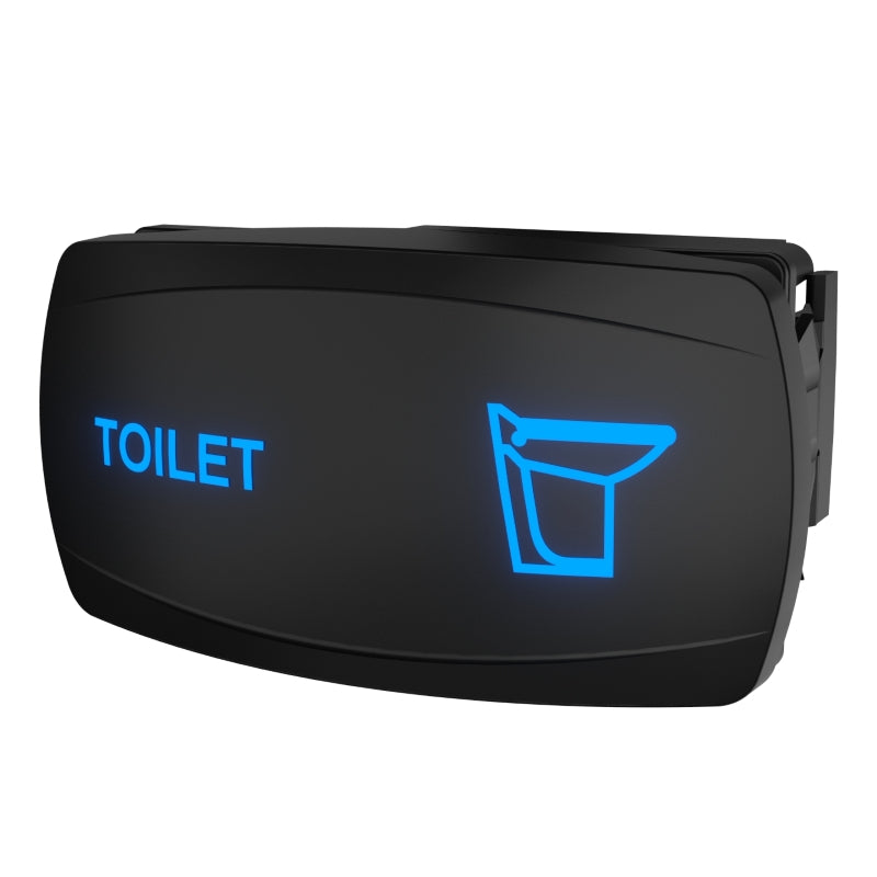 Carling toilet switch, angled view showing blue "TOILET" label, toilet icon and side mounting clip