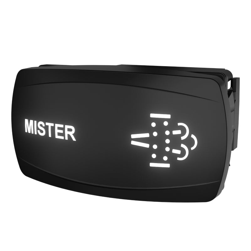 Angled front view of illuminated rocker switch labeled MISTER with mist icon and rear connector visible