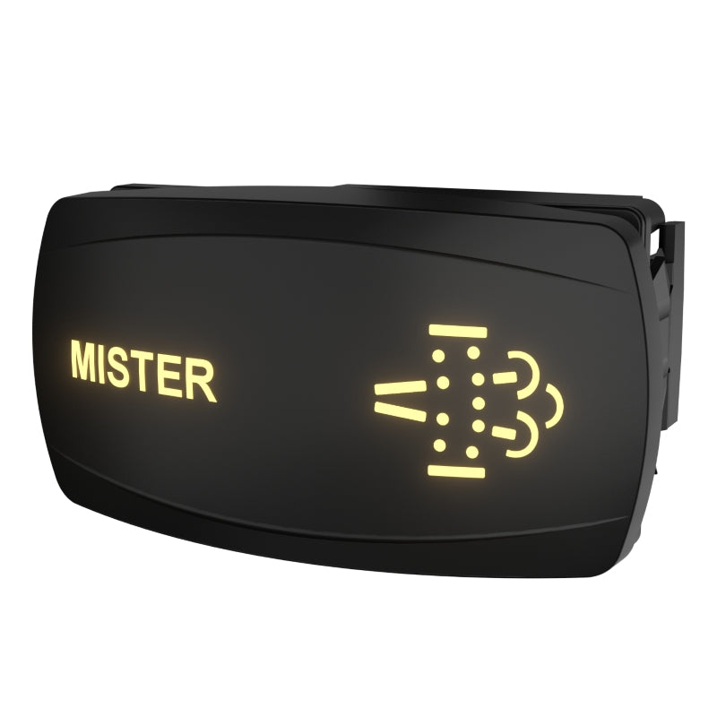 MISTER illuminated rocker switch, front-lit legend and mist icon with right-side connector visible