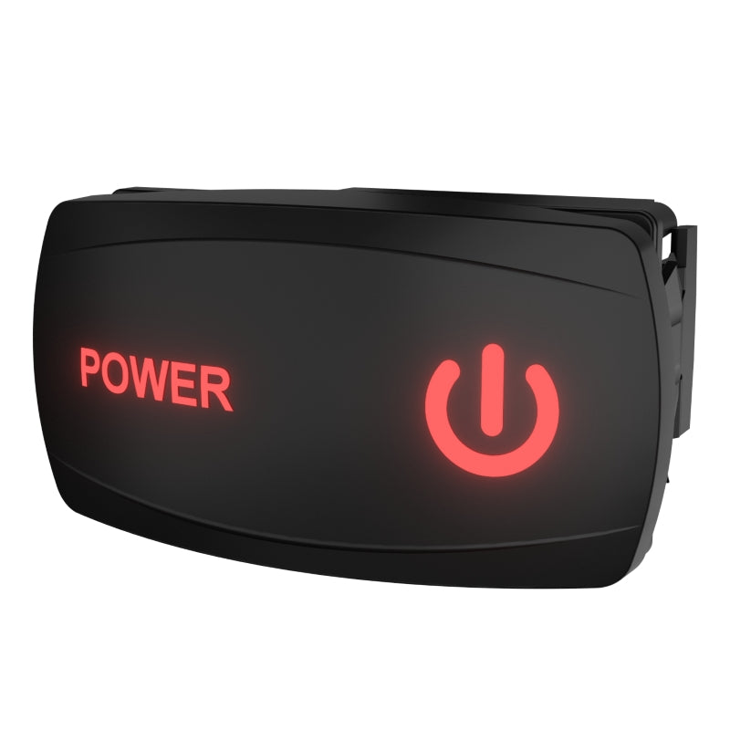 Carling rocker switch, angled front view showing red POWER text and power icon with side mount visible