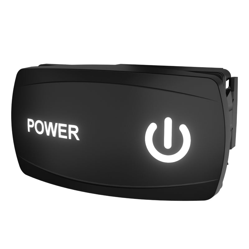 Carling power rocker switch, angled view showing illuminated "POWER" legend, power icon and rear connector