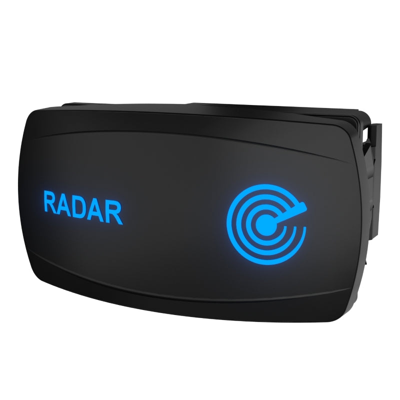 Angled front view of RADAR rocker switch with blue radar text and icon, plus side clip.