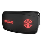 Front-right view of Carling RADAR switch showing illuminated red RADAR text, radar icon and side mounting clip