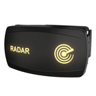 Angled view of Carling RADAR illuminated switch with glowing text, radar icon and rear mounting clip
