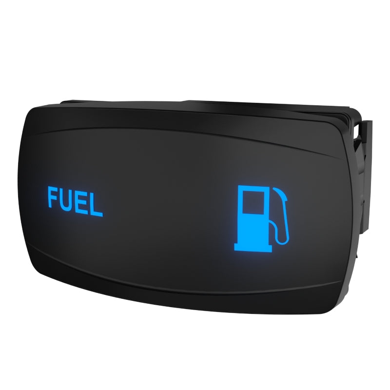 Carling illuminated fuel rocker switch, angled front view showing blue FUEL text, pump icon and rear connector
