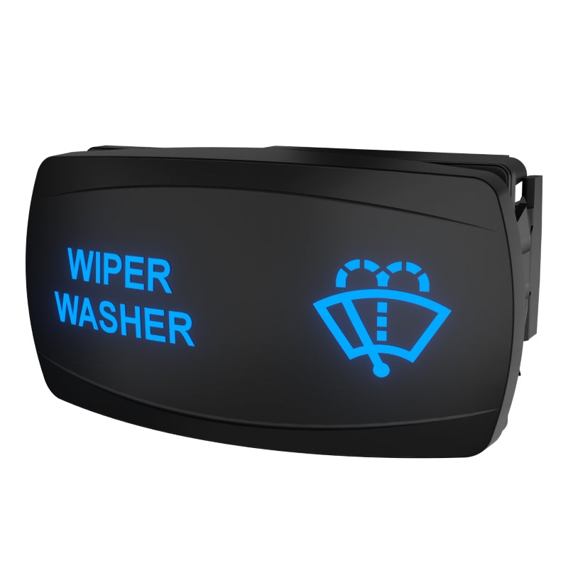 Angled front view of Carling WIPER WASHER switch with blue backlit wiper icon and side mounting clip