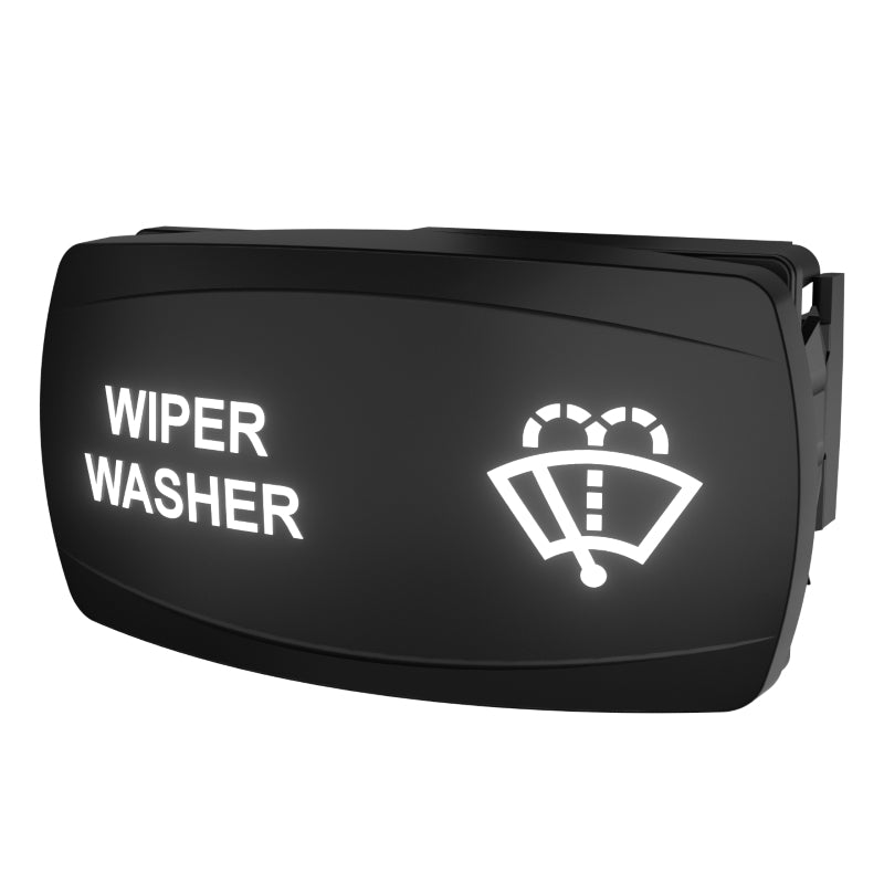 Angled front-right view of WIPER WASHER rocker switch showing illuminated icon and side mounting clip