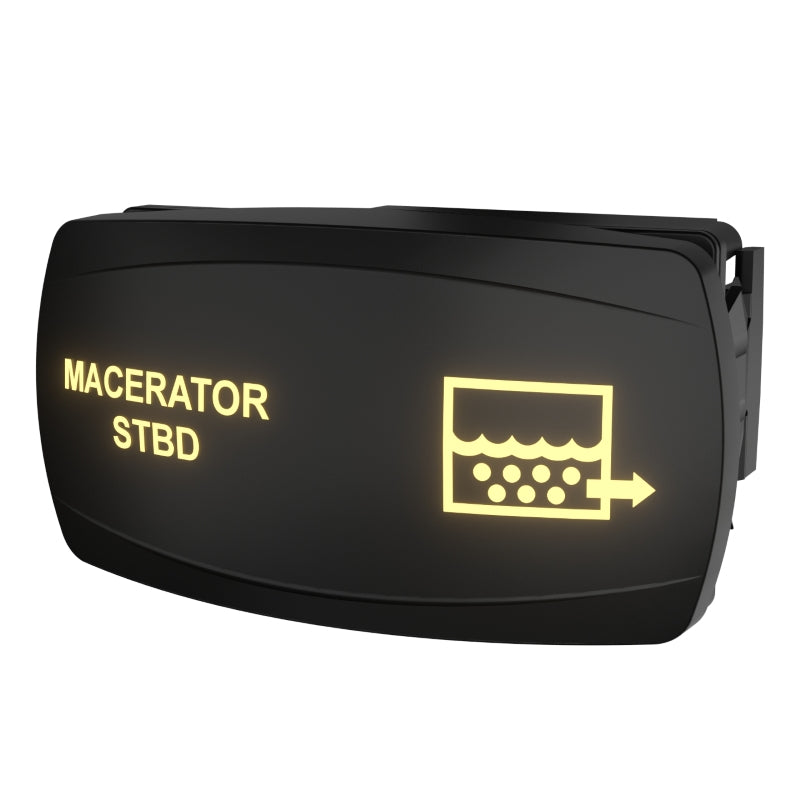 Angled front view of illuminated MACERATOR STBD rocker switch face with pumping icon and side connector